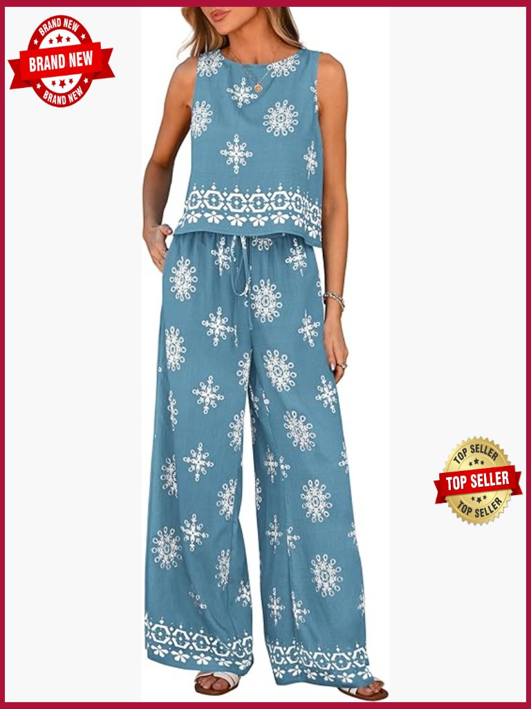 Women's 2 Piece Lounge Set Boho Tank Top And Wide Leg Pants